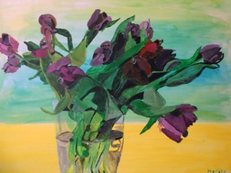 [Paarse tulpen] Schilderij met titel 'Paarse tulpen' door Marijke
