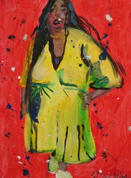[Vrouw in gele jurk] Schilderij met titel 'Vrouw in gele jurk'